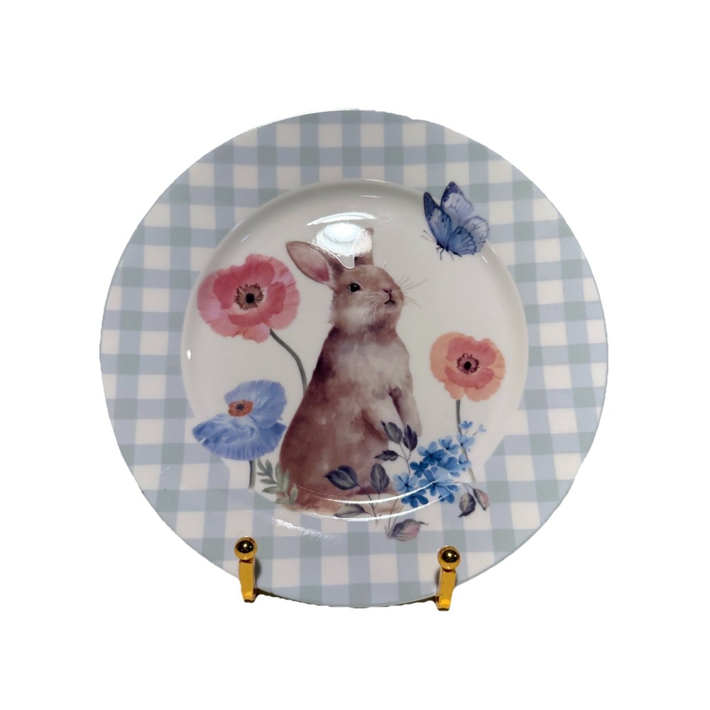 Grace‎ Teaware Spring Bunny Gingham Border 8" Salad Plates Set of 4 NEW